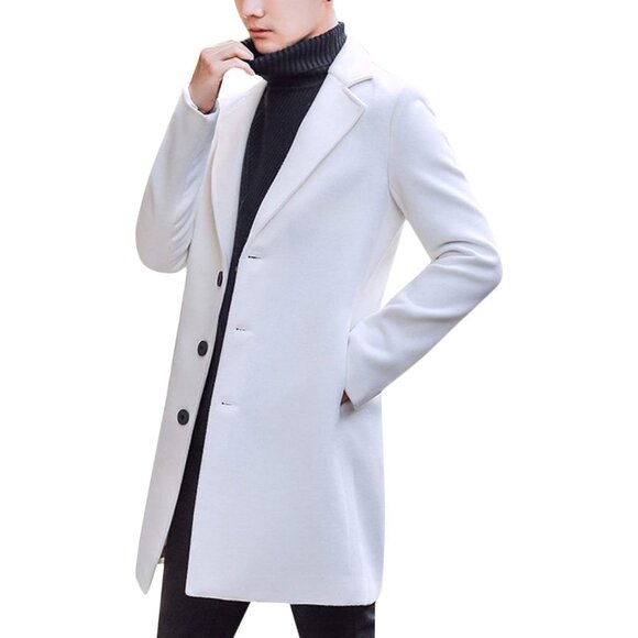 Men's White Wool Blend Pea Coat Warm Winter Trench Coat